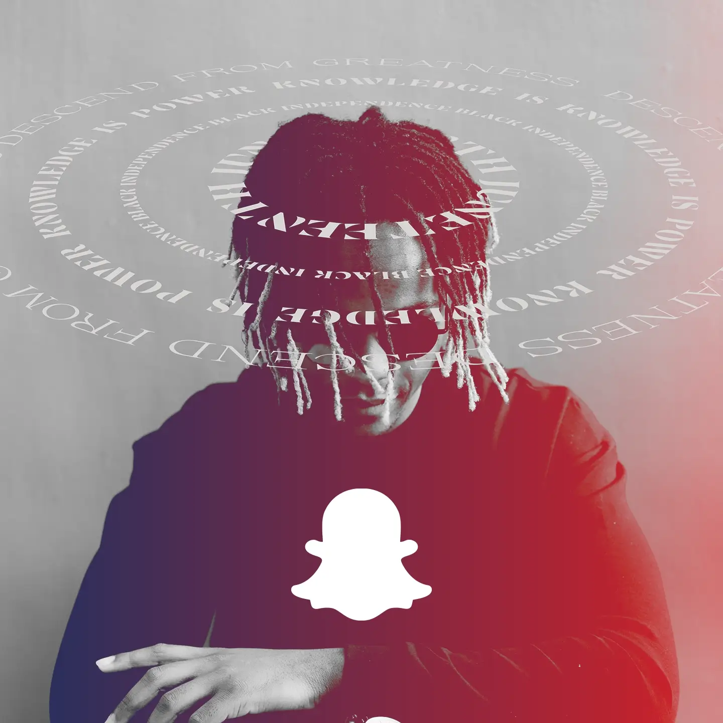 Black man with dreadlocks wearing sunglasses and a black shirt, with circular white text around his head and a white Snapchat ghost logo overlay.