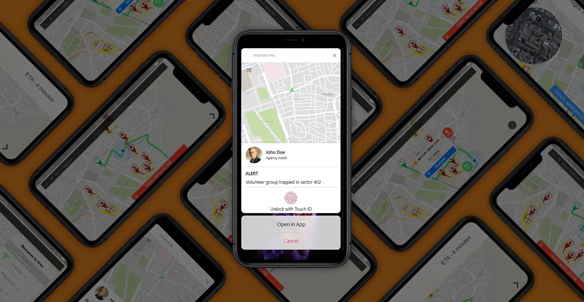 Smartphone displaying an emergency alert app with map, user profile, alert message, and options to unlock with Touch ID or open in app.