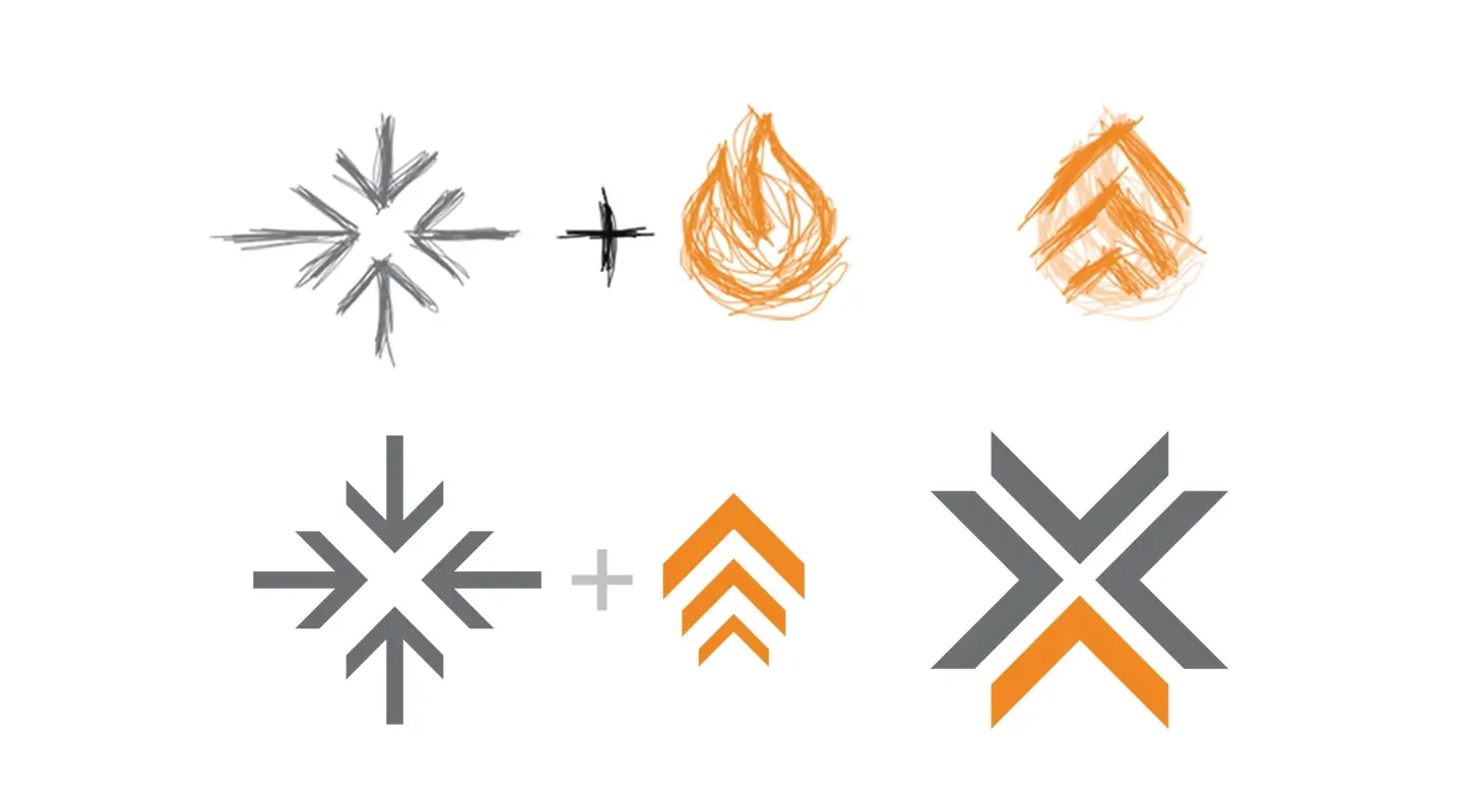 Diagram showing transformation of gray arrows and orange chevrons into a combined geometric logo with gray and orange elements.