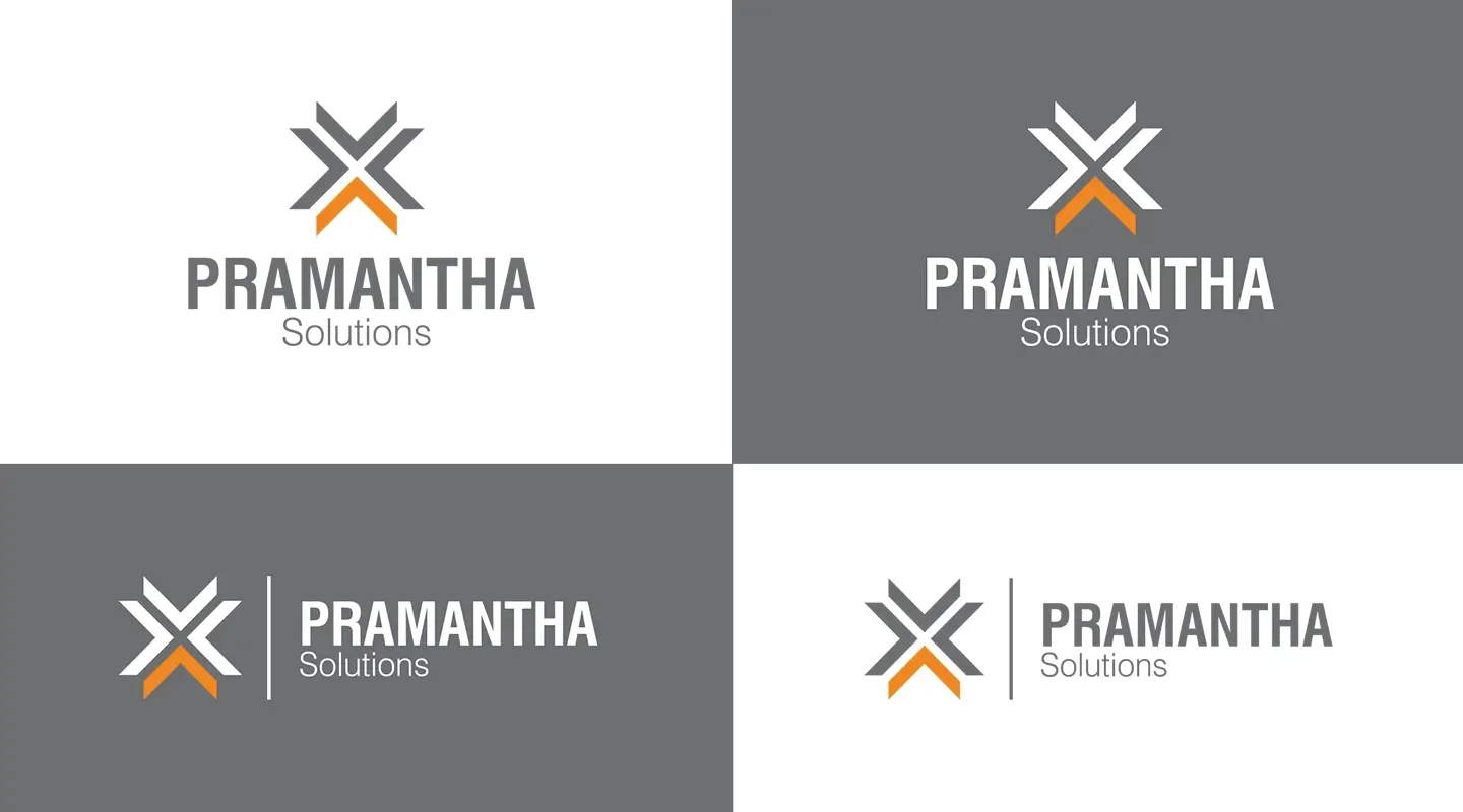 Four variations of the Pramantha Solutions logo with a stylized geometric symbol in gray and orange, paired with the company name in gray or white text on alternating white and gray backgrounds.