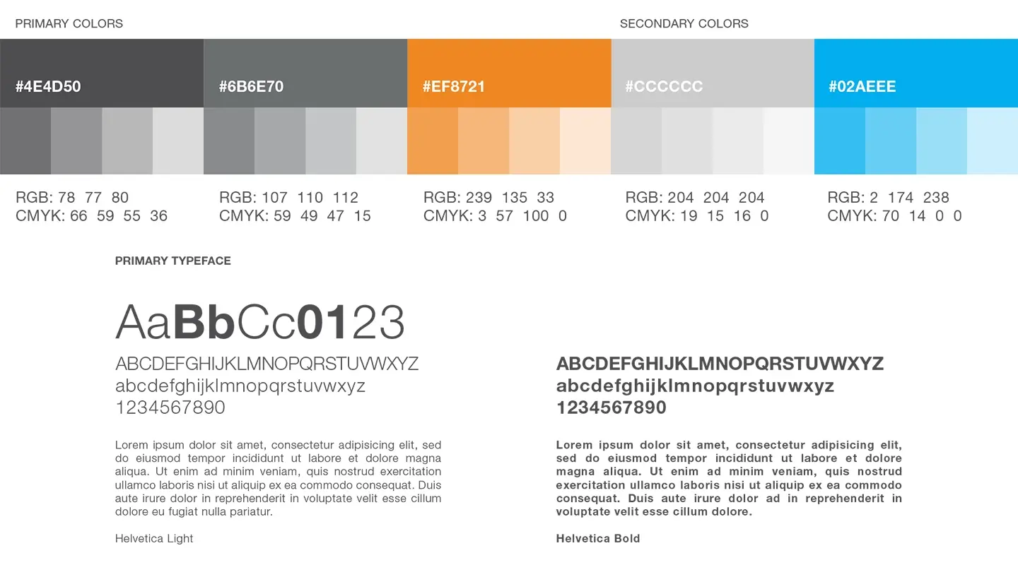 Brand color palette showing primary colors gray (#4E4D50, #6B6E70) and orange (#EF8721), secondary colors light gray (#CCCCCC) and blue (#02AEEE), with their RGB and CMYK values, and examples of primary typeface in Helvetica Light and Bold styles.