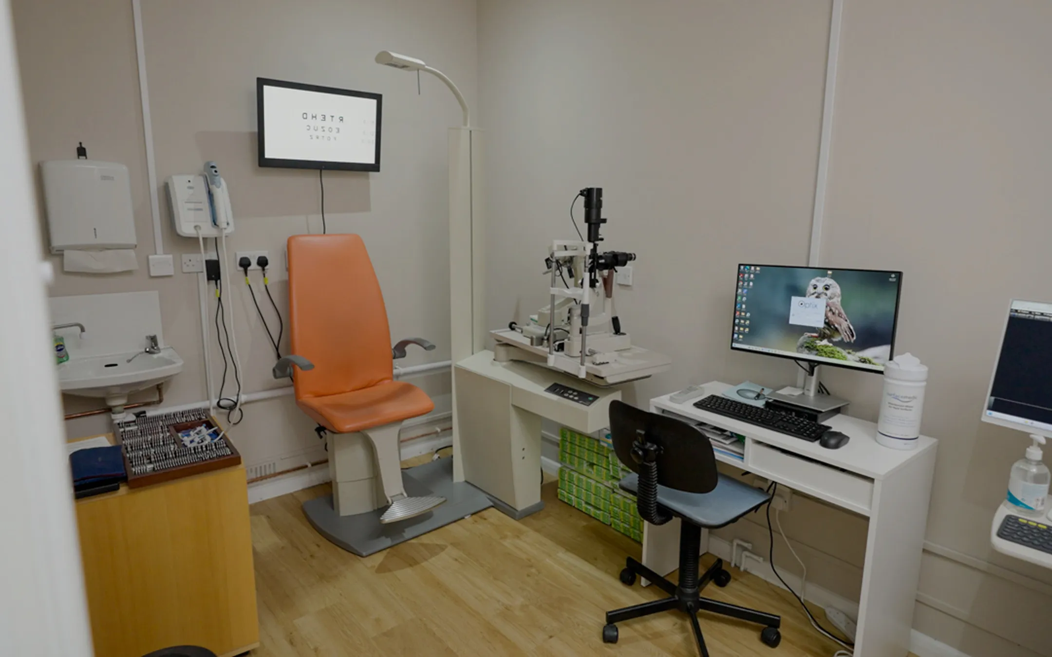 Modern eye examination room equipped with advanced diagnostic equipment for comprehensive eye tests