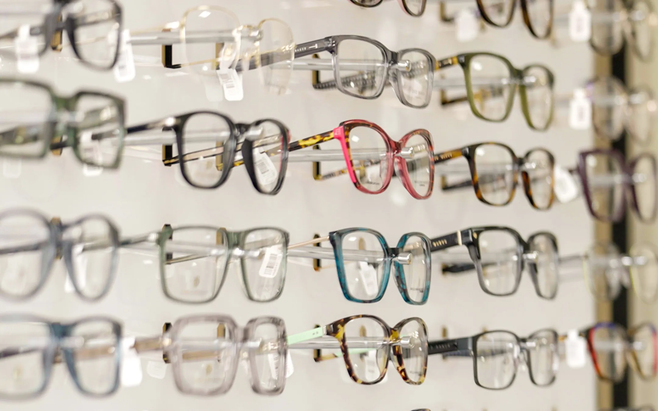 Colorful designer eyeglass frames display including tortoiseshell and vibrant frame styles