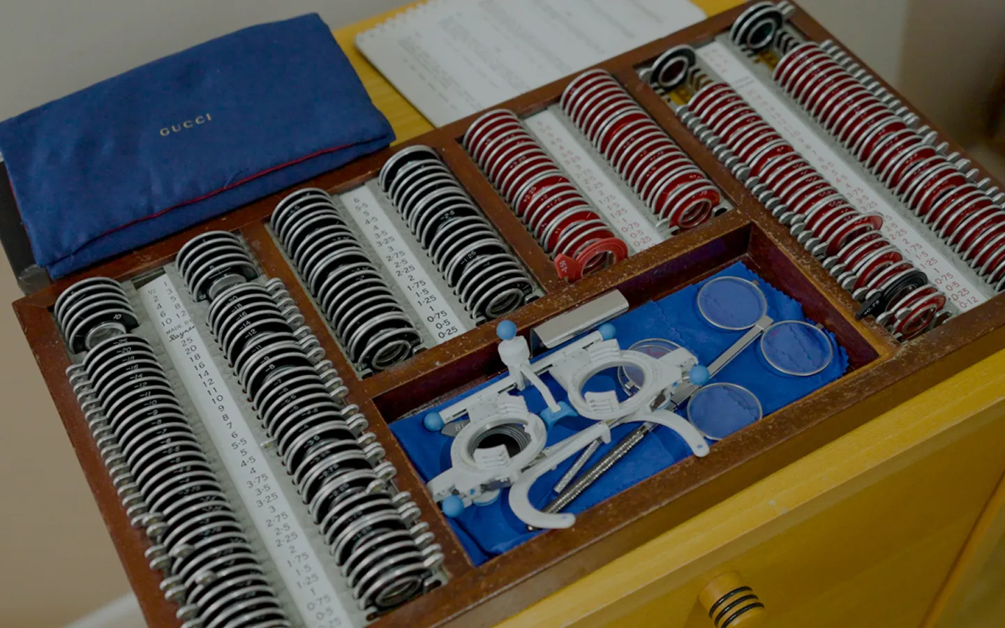 Optician trial lens set used for professional eye examinations and vision testing