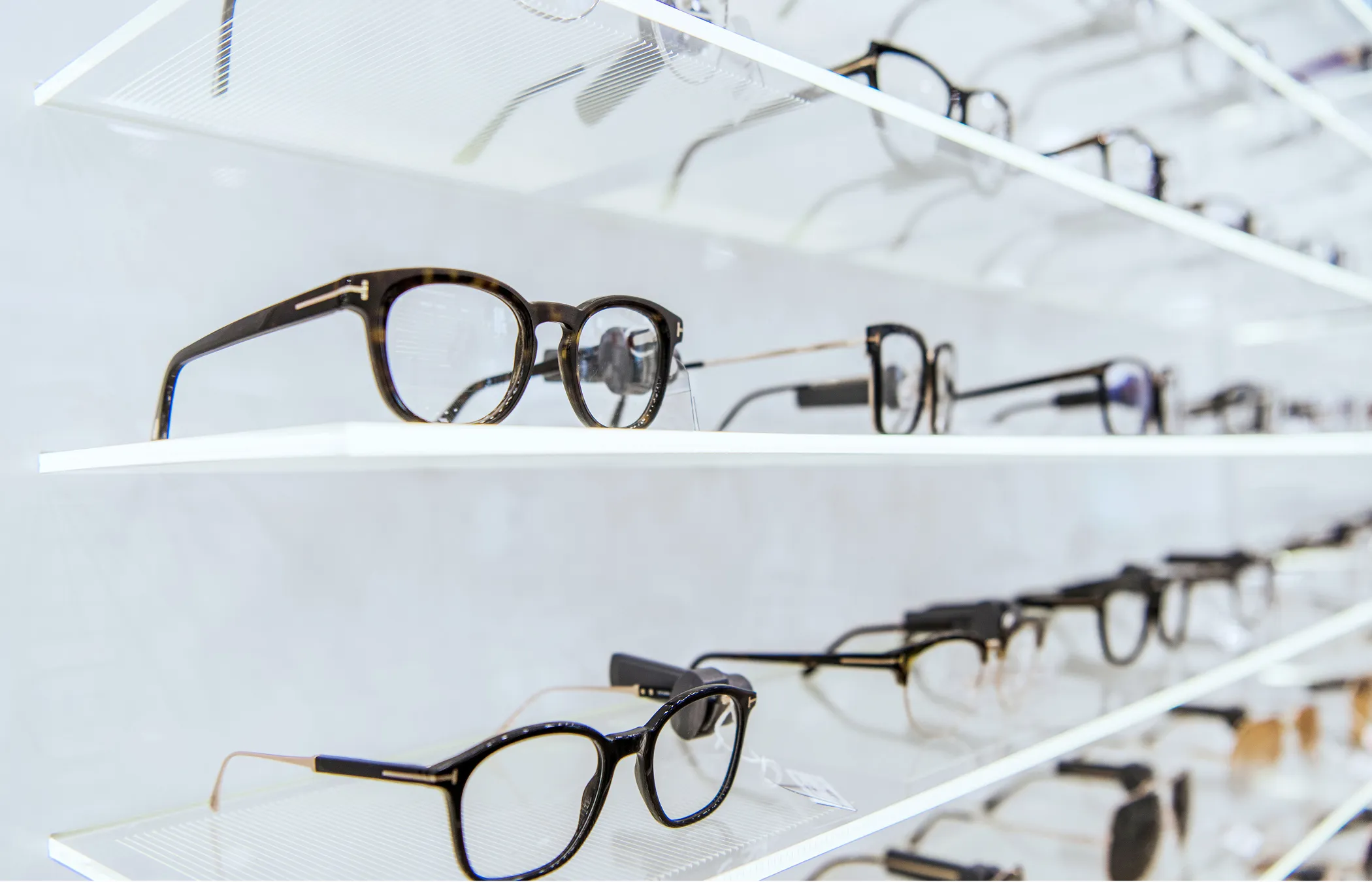 Designer eyeglasses and prescription frames display in modern optician showroom