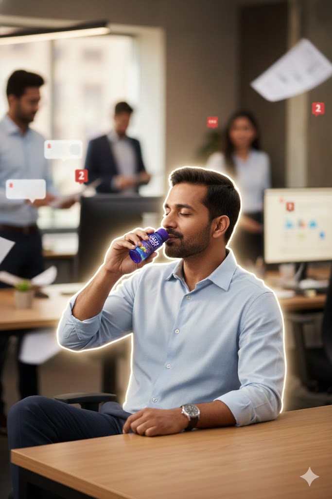 Office worker drinking a wellness shot at a desk during a busy workday