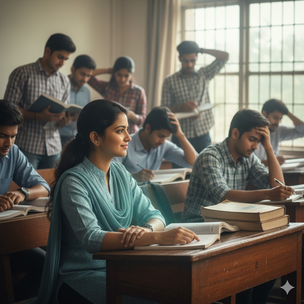 Calm schoolgirl seated at a desk in a classroom environment