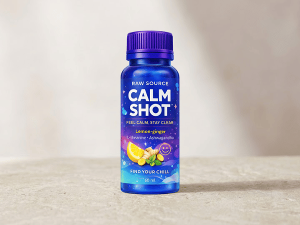 Minimal wellness shot bottle on a neutral surface