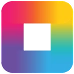 Colorful square logo with a smaller black square centered inside a gradient background transitioning from pink to yellow to blue.