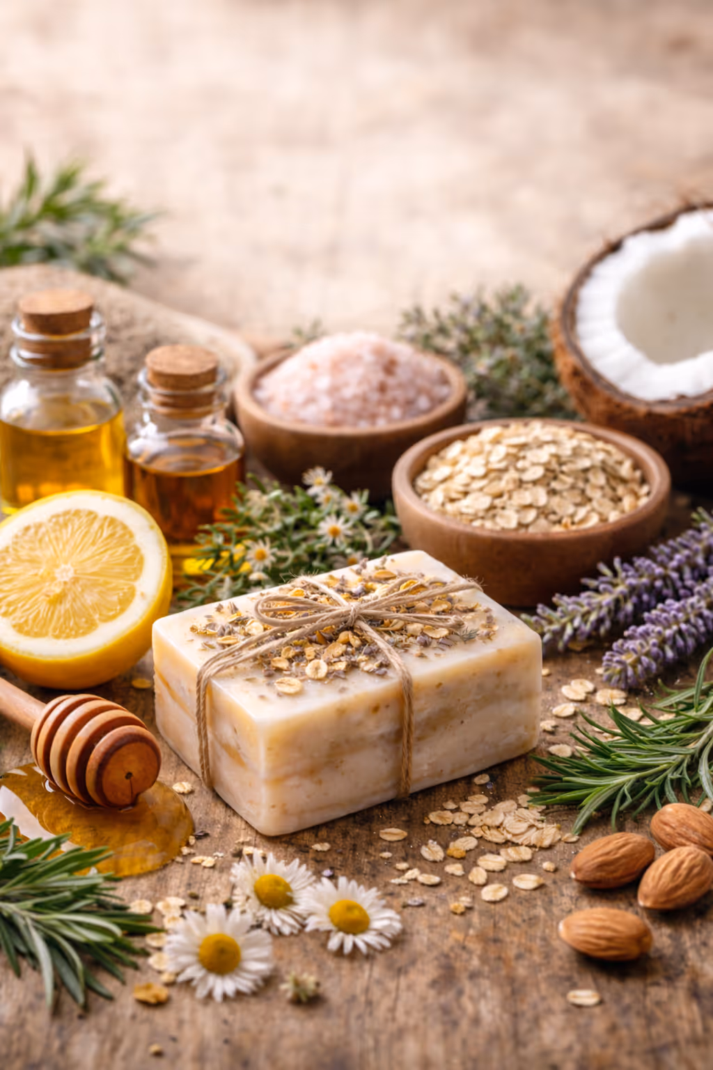 Natural soap bar tied with twine, surrounded by a lemon half, honey dipper with honey, almond nuts, oats in wooden bowls, coconut half, chamomile flowers, lavender, and green herbs on a wooden surface.
