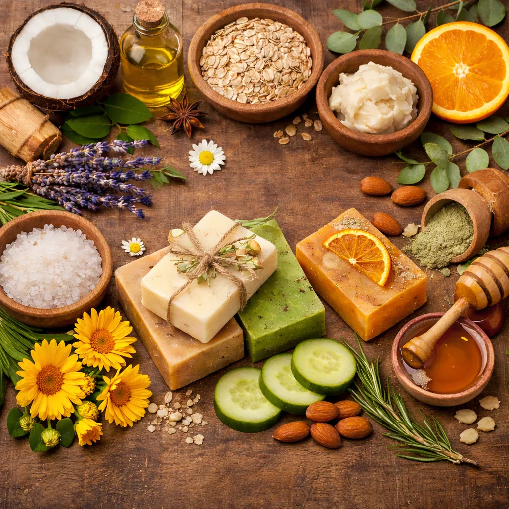 Natural skincare ingredients including coconut, lavender, oatmeal, shea butter, honey, almonds, cucumber slices, and handmade soap bars on a wooden surface.