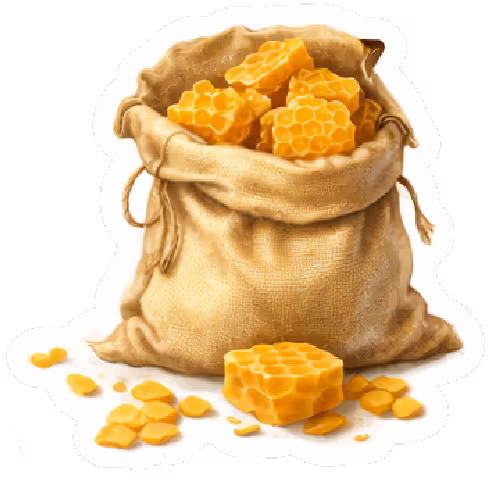 Canvas sack filled with honeycomb pieces and honeycomb pieces scattered around it.