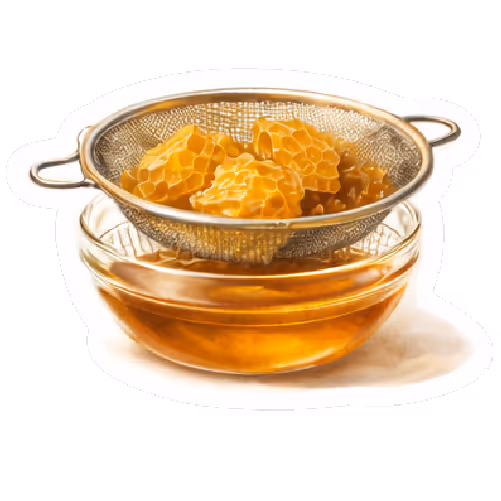 Honeycomb pieces in a metal strainer above a glass bowl filled with honey.