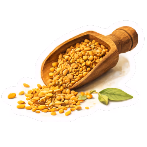 Wooden scoop overflowing with yellow split lentils beside two green leaves.