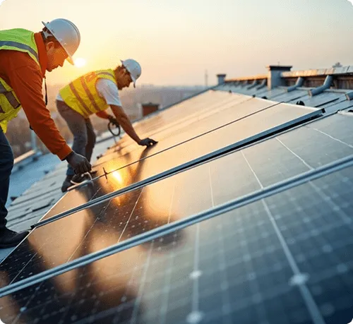Two engineers installing solar panels on a roof. 