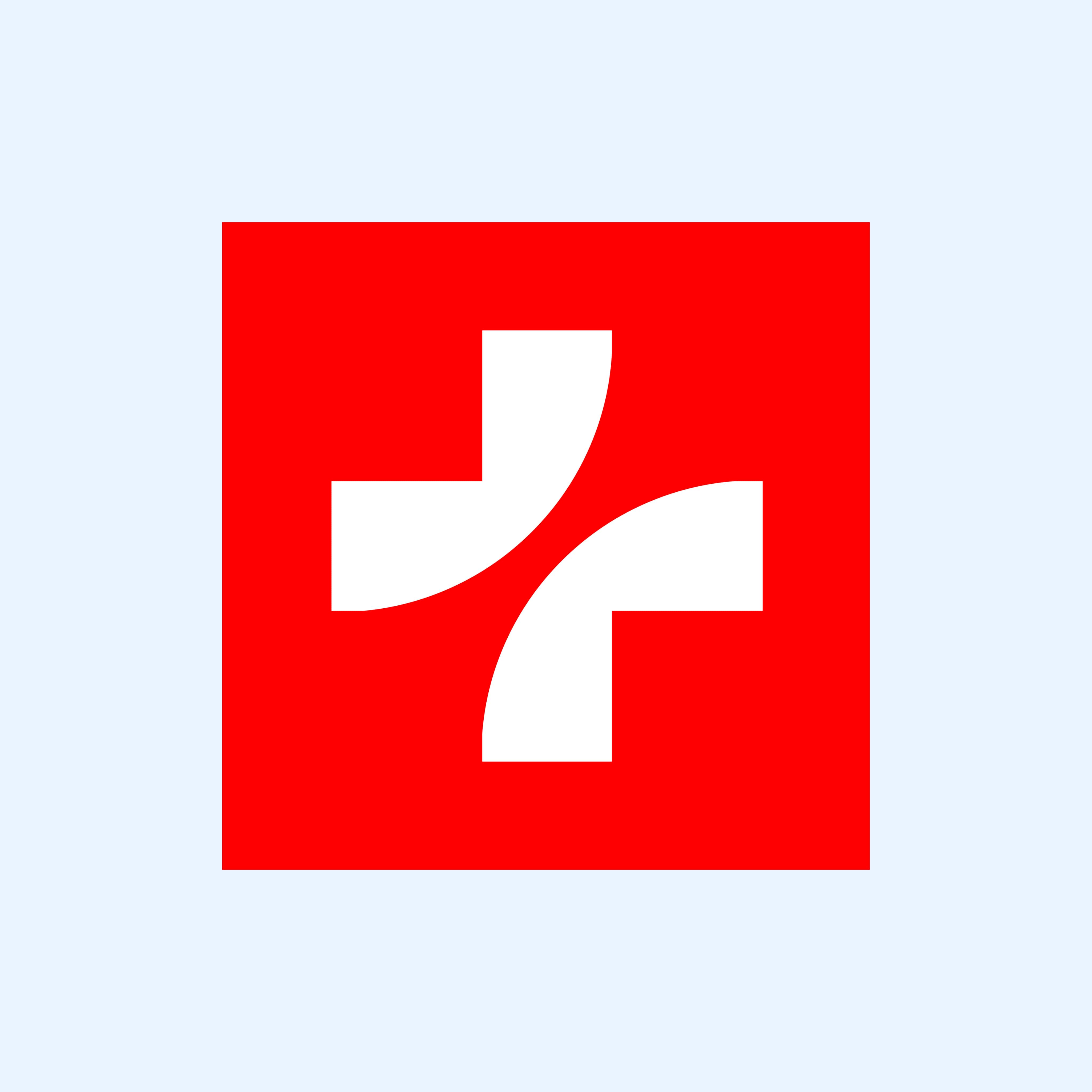 Weisses Schweizer Kreuz mit abgerundeten Ecken auf rotem quadratischem Hintergrund.