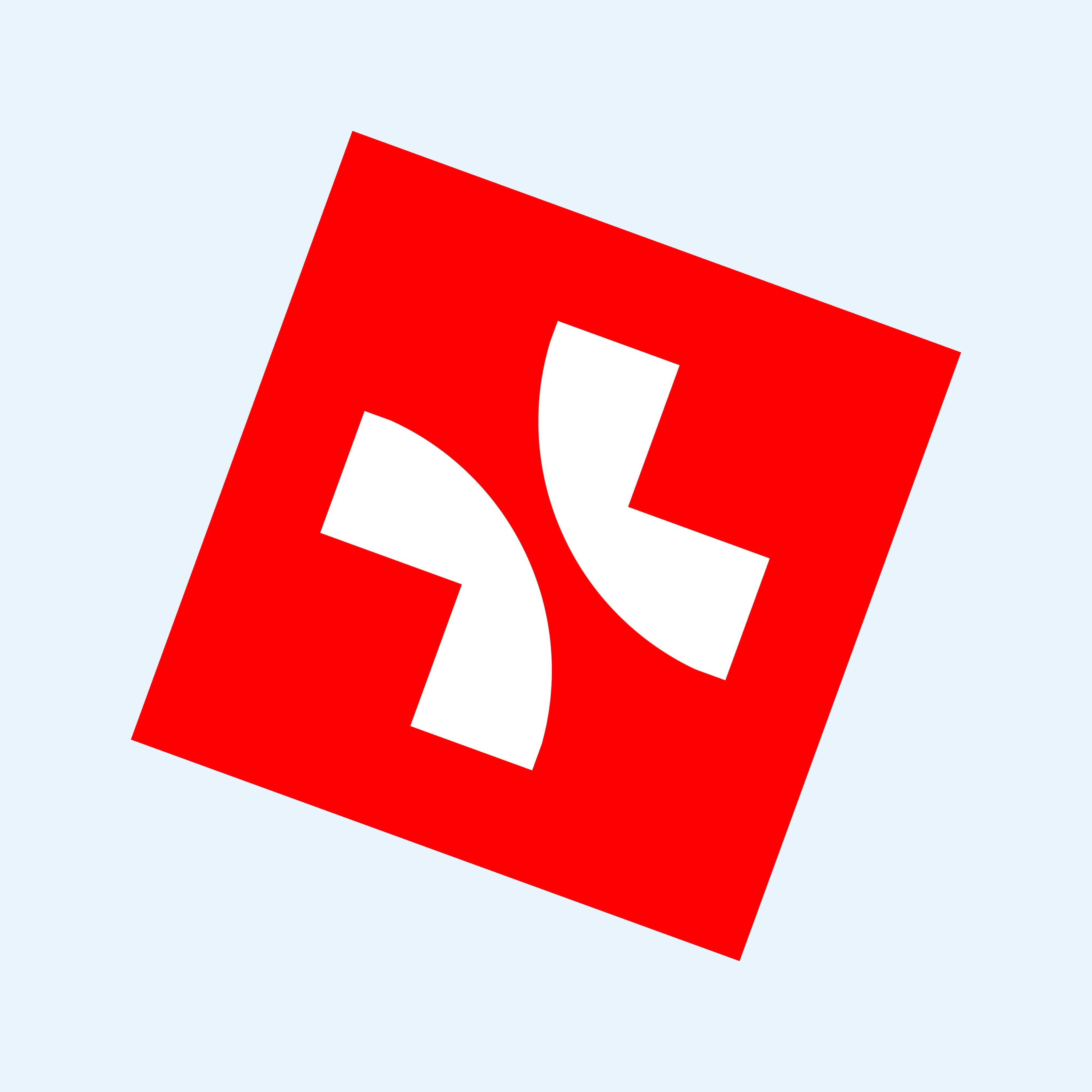 Rotes Quadrat mit zwei weißen abstrahierten Formen in der Mitte auf hellblauem Hintergrund, leicht gedreht.