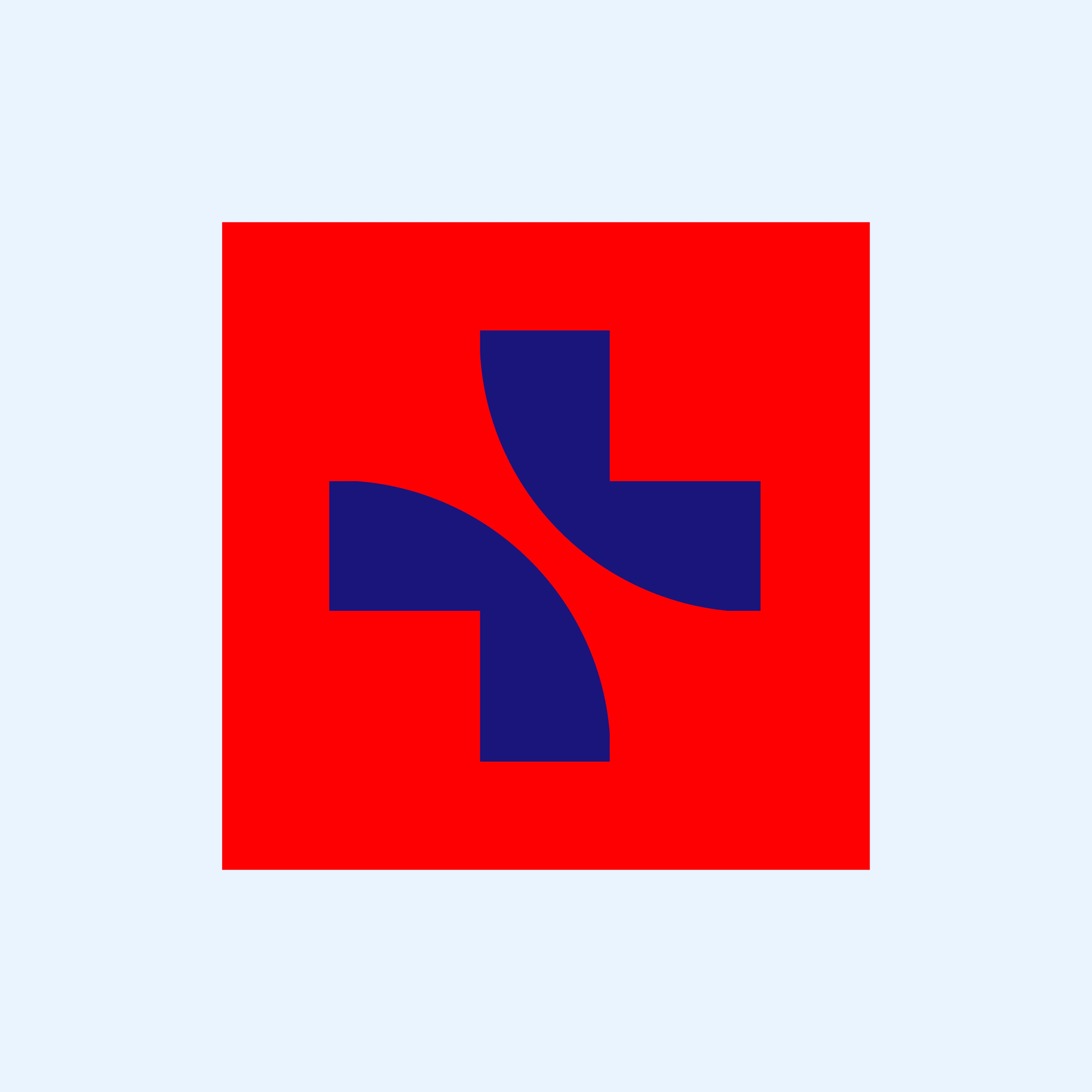 Zwei dunkelblaue, gebogene Pfeile in entgegengesetzte Richtungen auf rotem Quadrat.