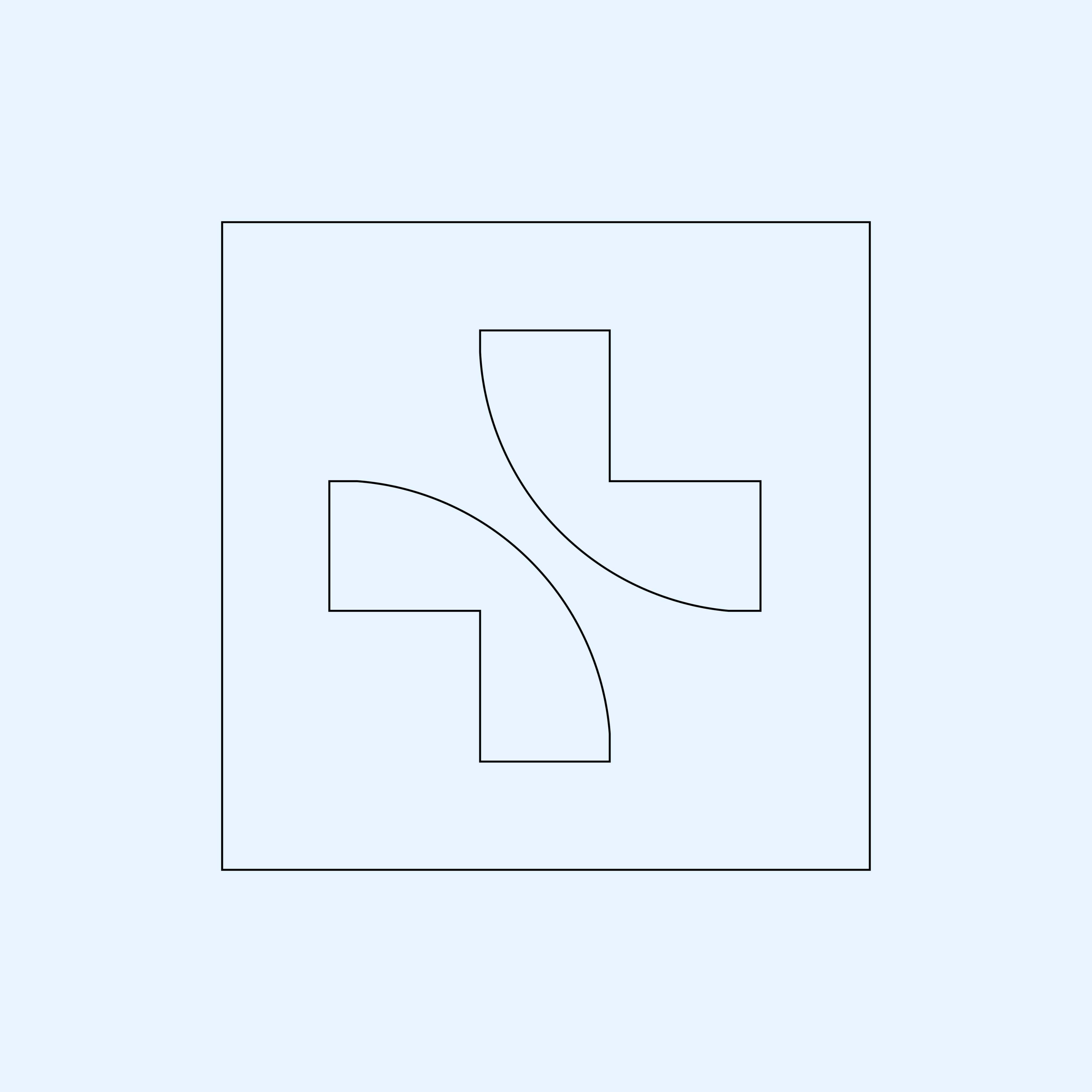 Zwei abstrakte gekrümmte Pluszeichen in einem quadratischen Rahmen auf hellblauem Hintergrund.