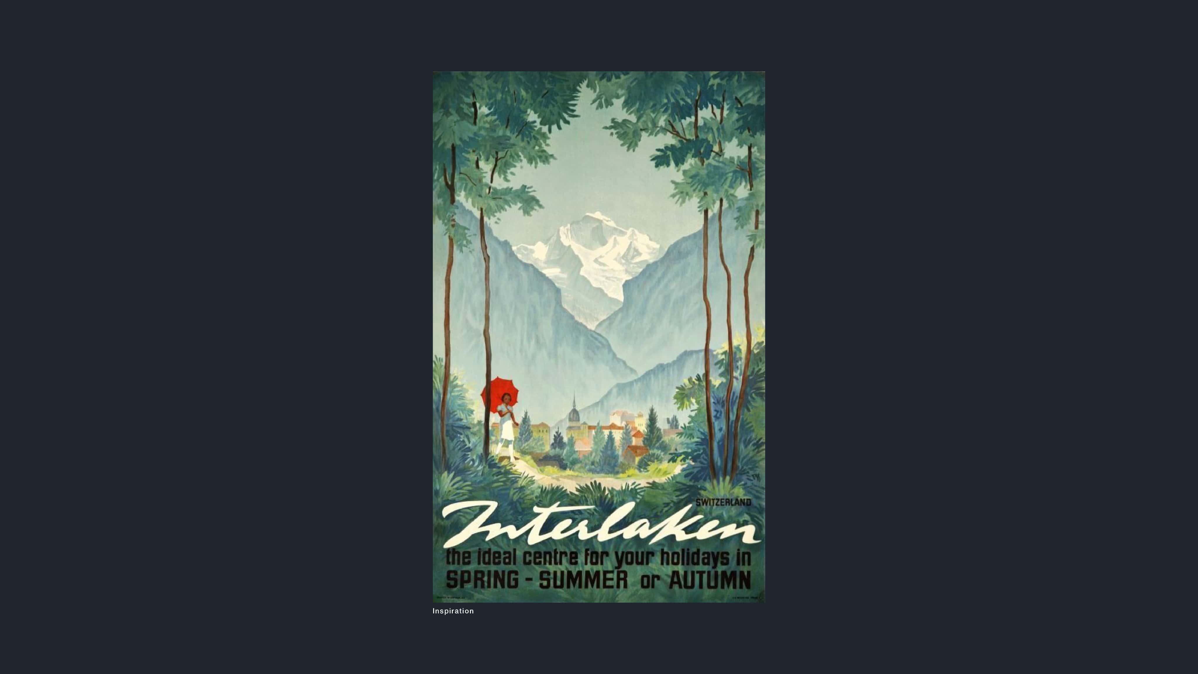 Vintage-Reiseplakat mit Blick auf schneebedeckte Berge, einen grünen Wald, ein Dorf und eine Person mit rotem Regenschirm in Interlaken, Schweiz.