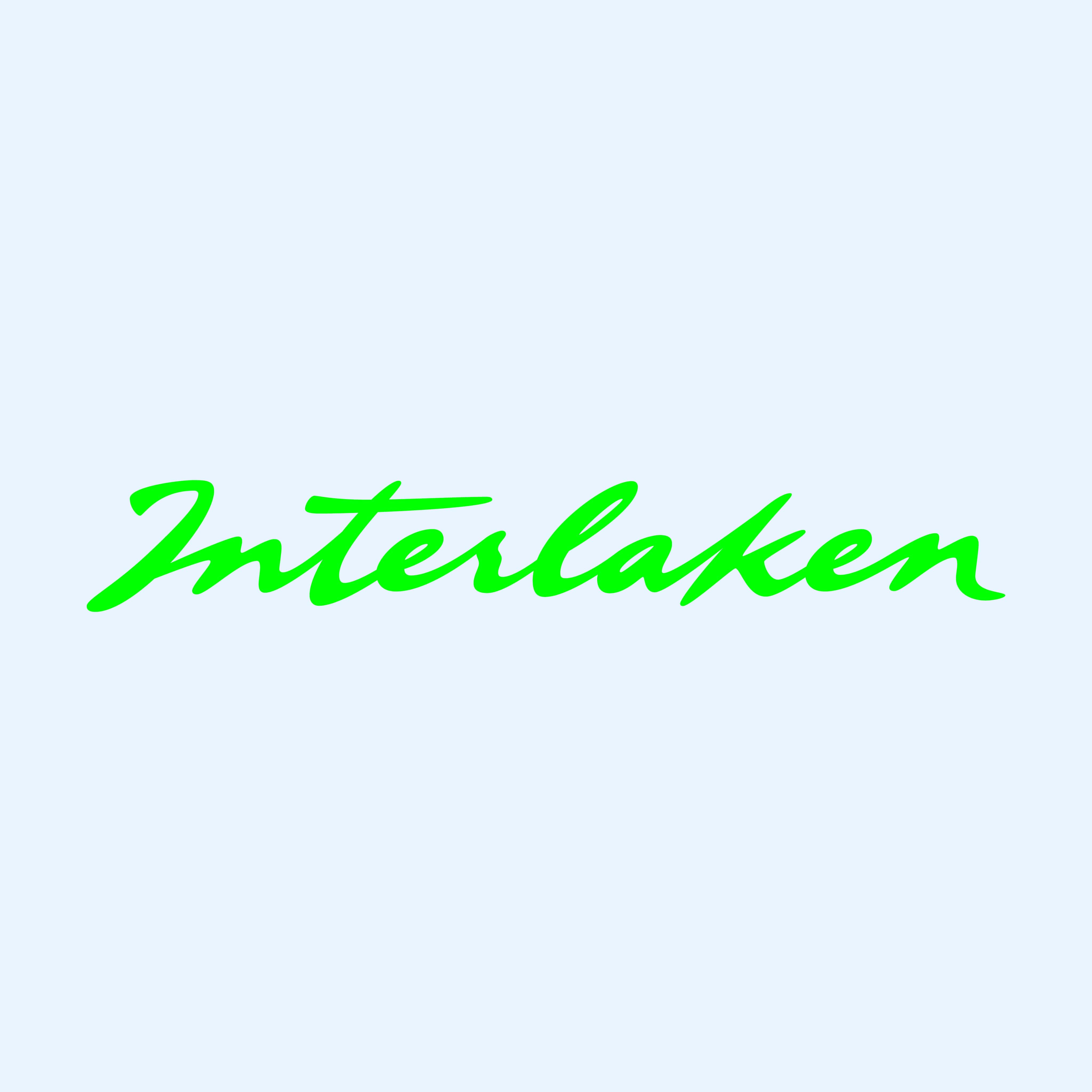 Text 'Interlaken' in knallgrüner Schreibschrift auf blauem Hintergrund.