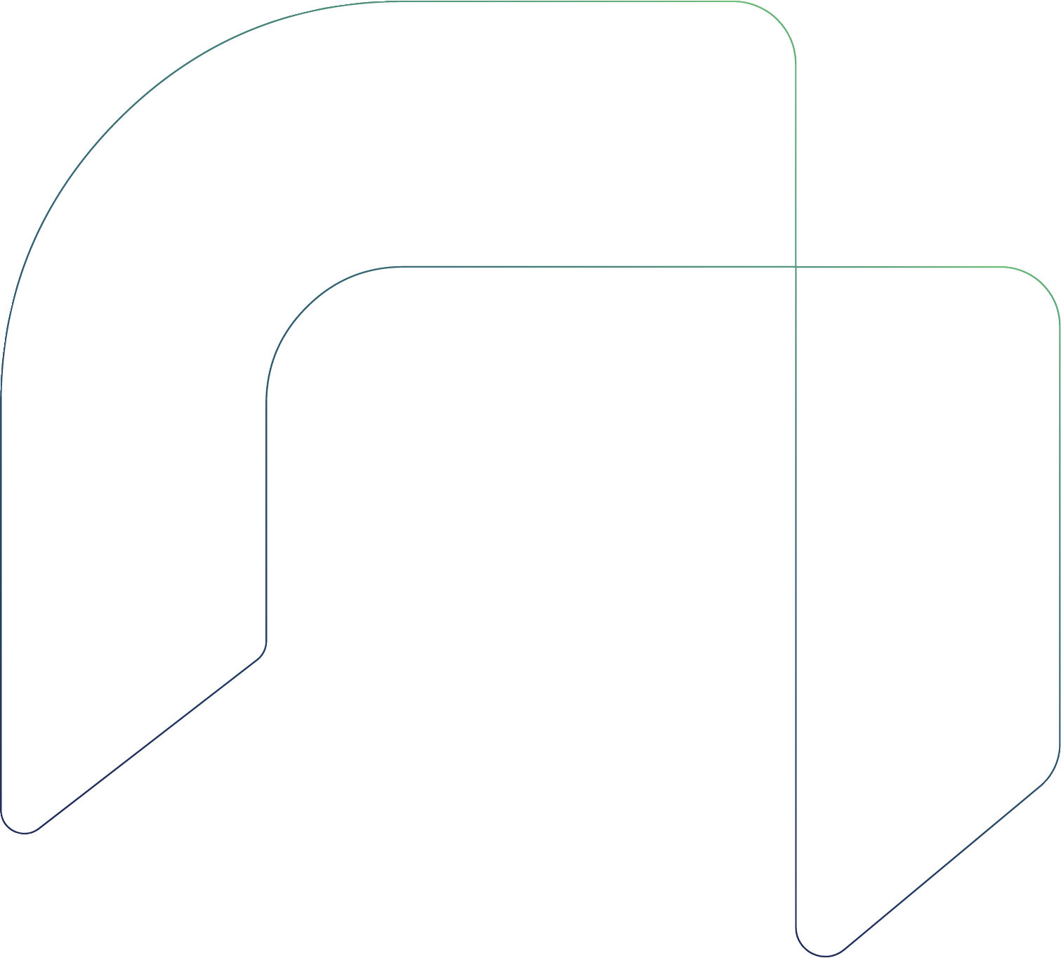 Twee overlappende afgeronde hoeken met een verloop van donkerblauw naar groen.