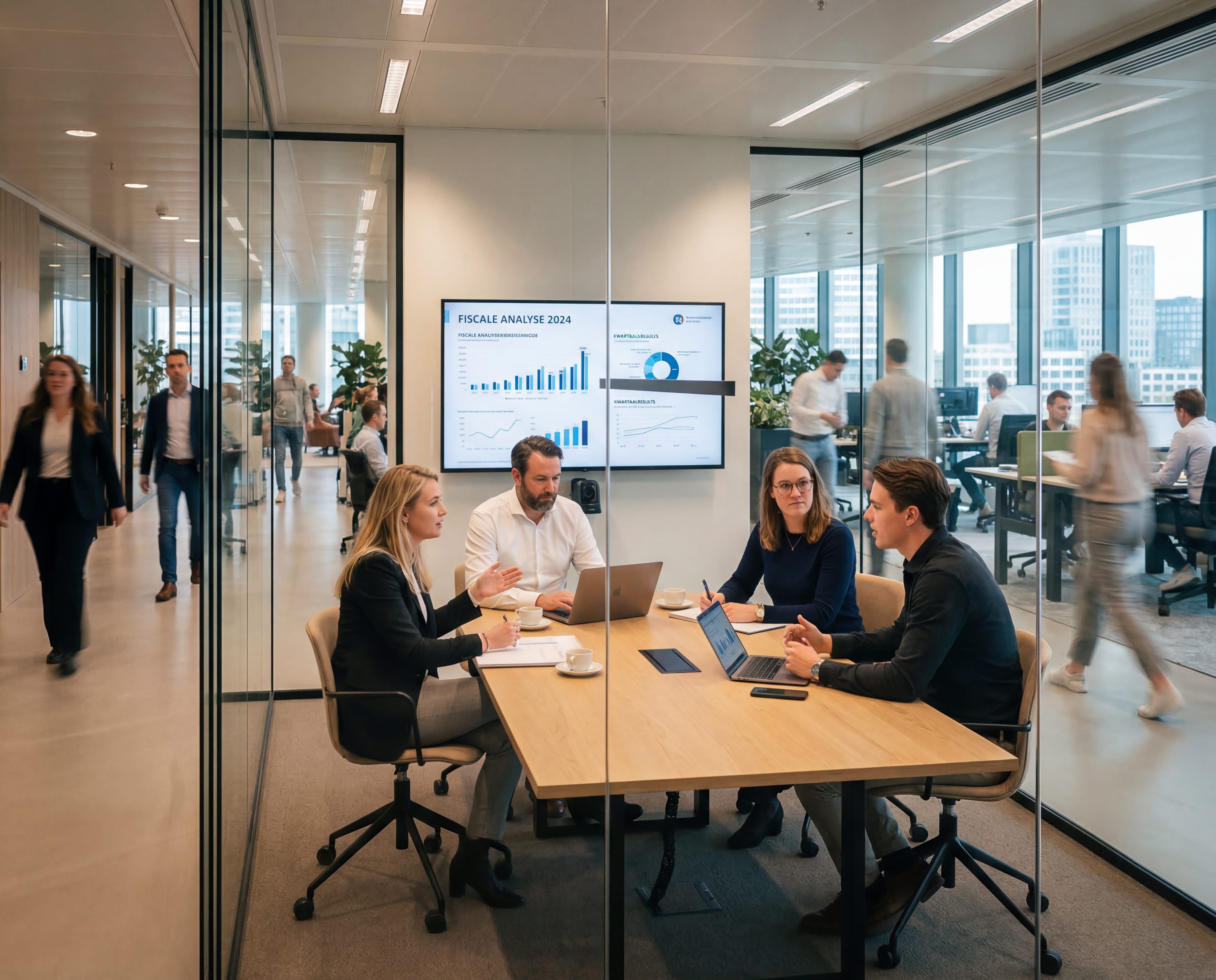 Luchtfoto van treinrails op een kruispunt tussen hoge gebouwen met een stilstaande trein.