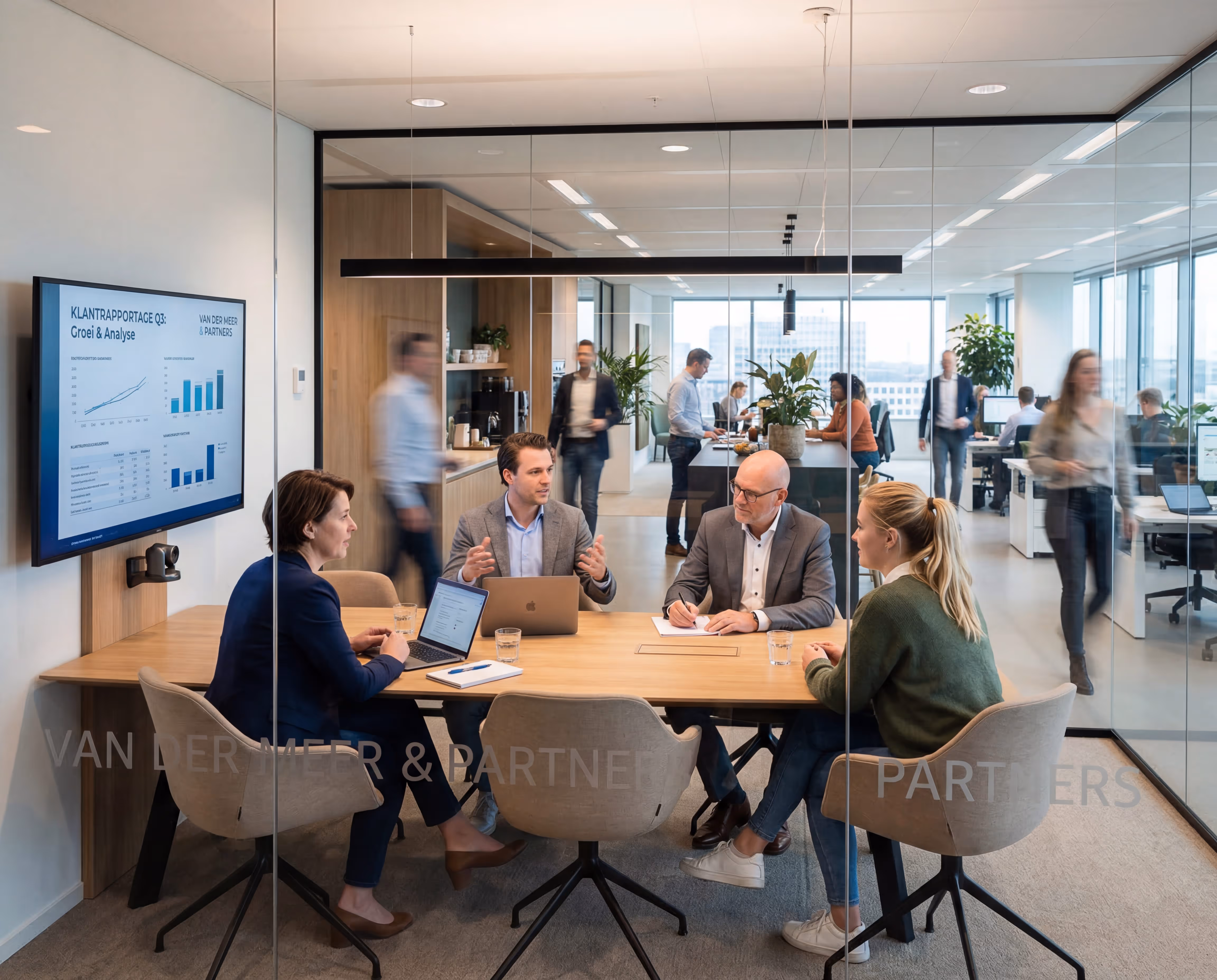 Vier personen in een vergaderruimte met laptops en notitieboekjes, een scherm toont klantgroei en analysegrafieken.