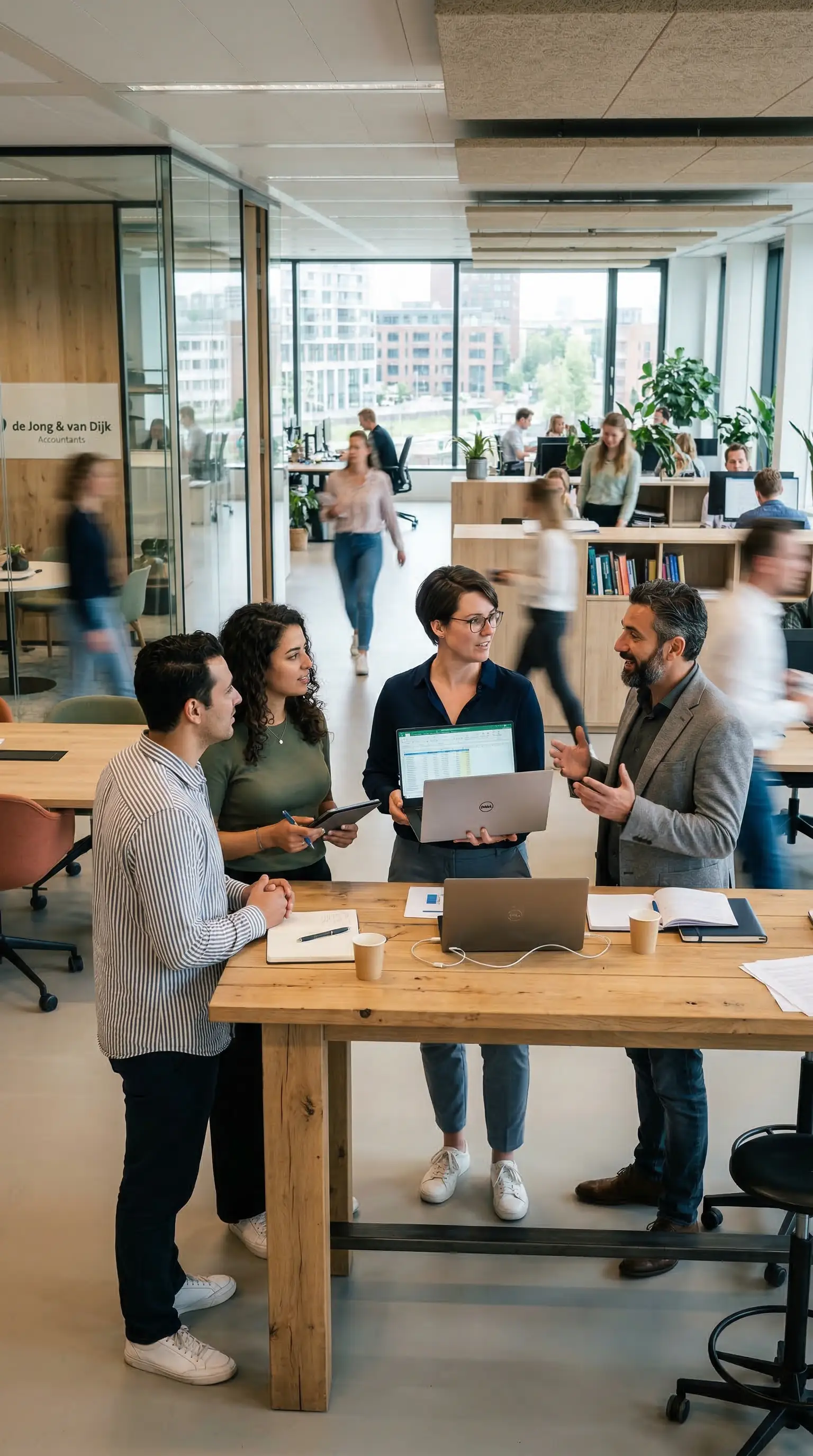 Vier collega's overleggen bij een houten tafel in een modern kantoor met laptops en notitieboekjes.