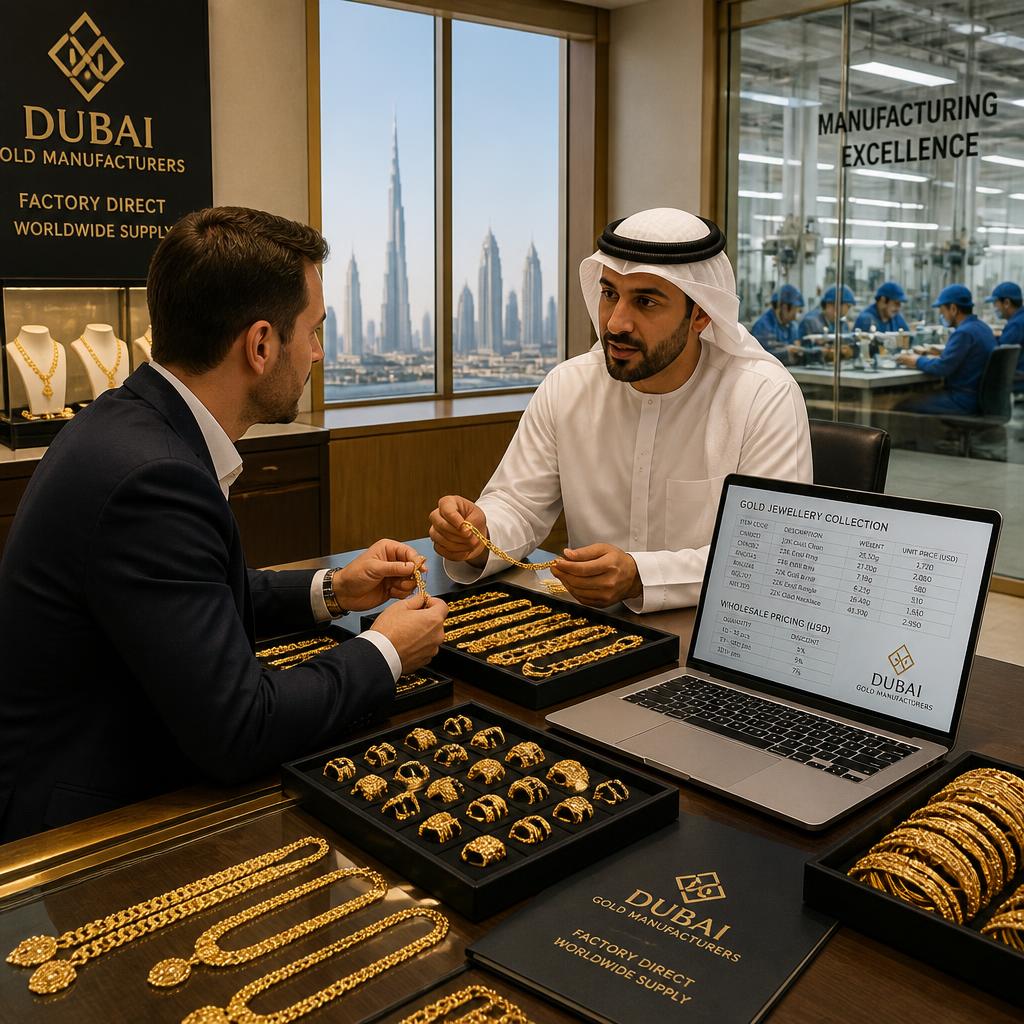 International buyer discussing bulk gold jewellery orders with a Dubai gold factory manufacturer