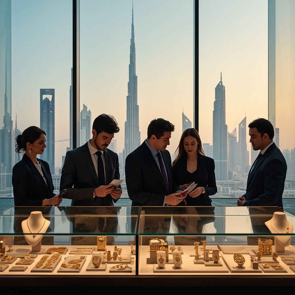 International retailer reviewing gold jewellery collections in Dubai