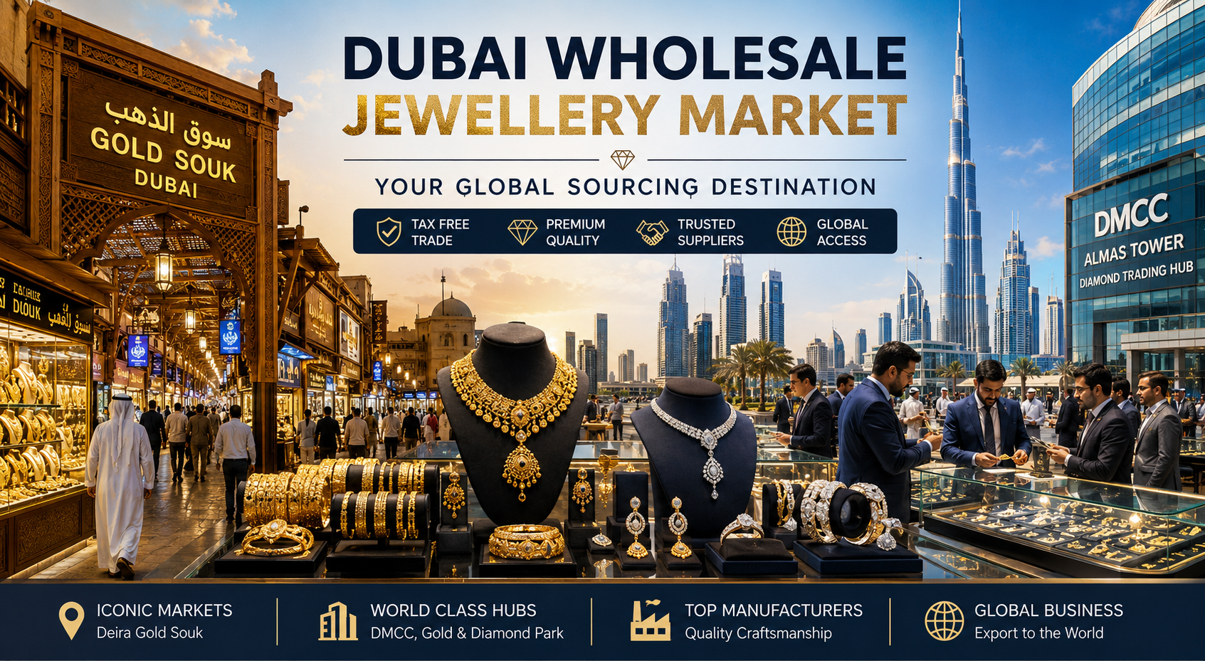 Dubai wholesale jewellery market with Gold Souk, jewellery manufacturers, and wholesale trading hubs