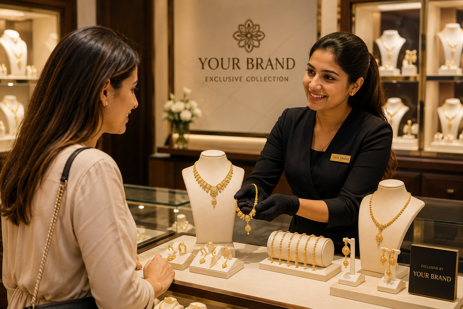 Returning customer browsing exclusive gold jewellery collection in retail jewellery store
