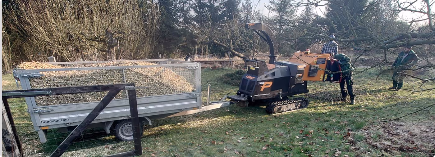 Zwei Männer bedienen einen Häcksler, der Holzstücke verarbeitet und die Späne in einen Anhänger mit Gitternetz füllt, an einem bewaldeten Wiesenrand.