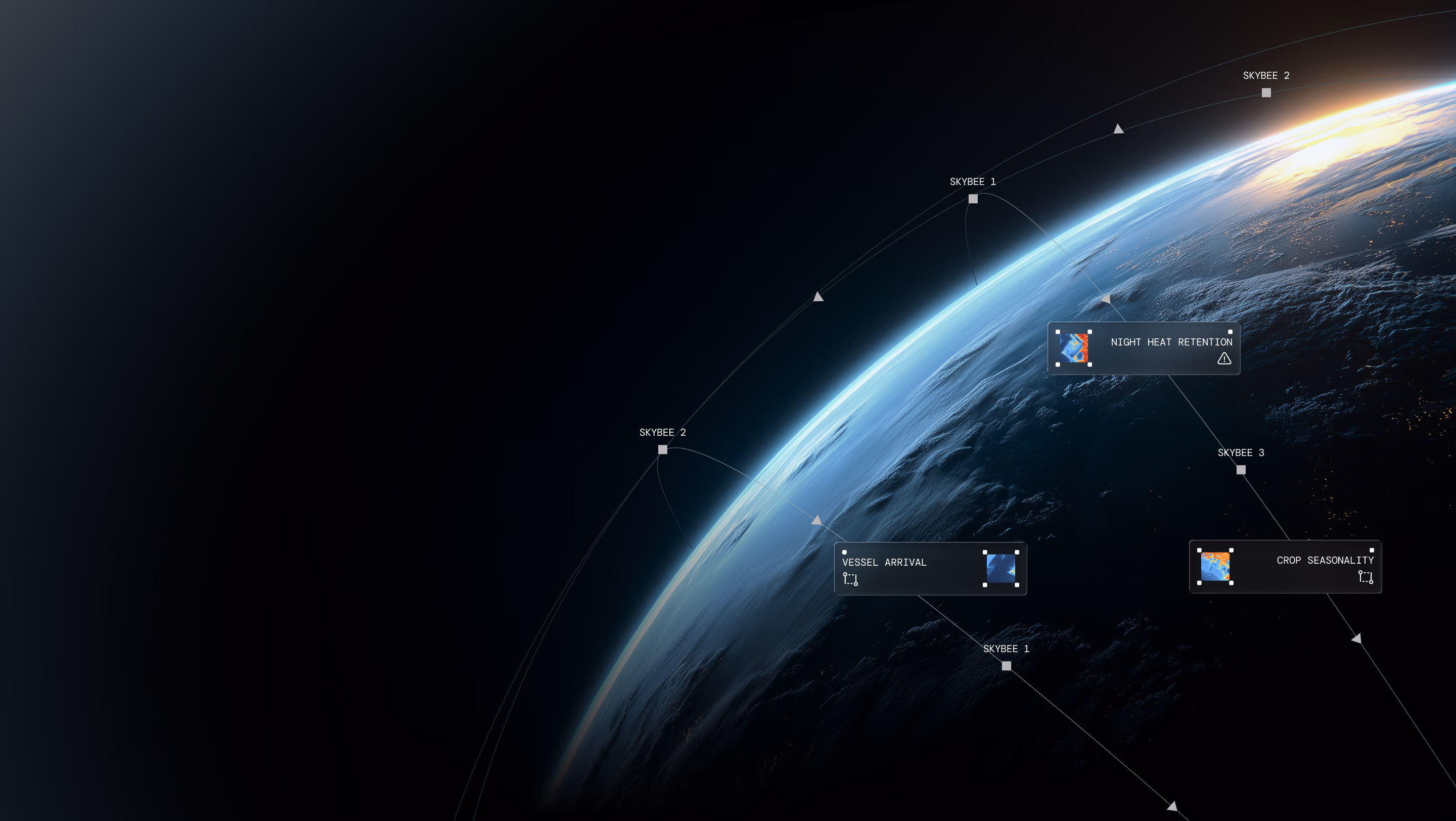 View of Earth from space with overlay labels showing satellite data points labeled SKY-BEE, including Night Heat Retention, Vessel Arrival, and Crop Seasonality.