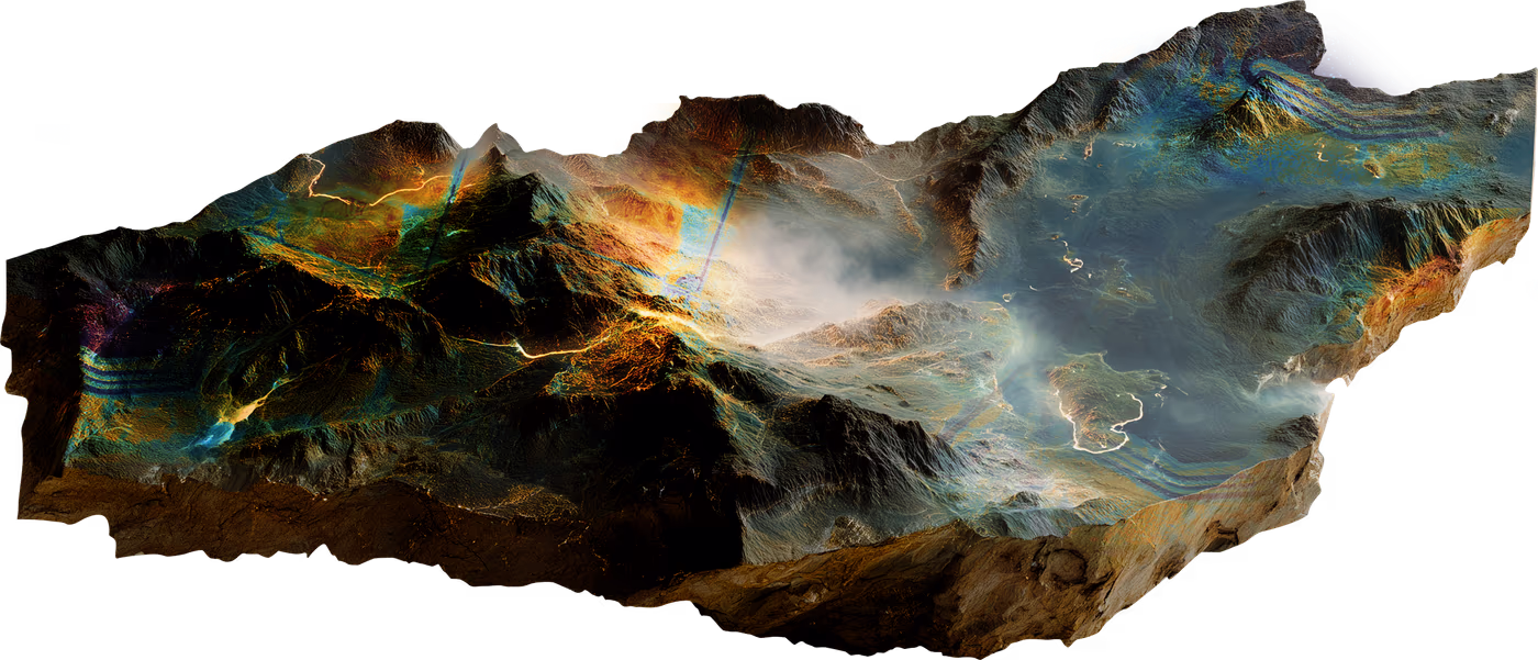 3D topographic map showing mountainous terrain with highlighted ridges and valleys, mist in low areas.
