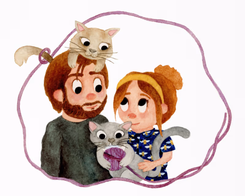 Aquarel portretillustratie van een man en een vrouw met twee katten. Een van de katten speelt met een paarse bol wol, waarvan het uiteinde een cirkel vormt rond de personages.
