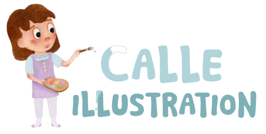 Logo-variant: illustratie van een meisje met een schilderspalet en penseel, waar verf vanaf druipt, naast de tekst “Calle Illustration”