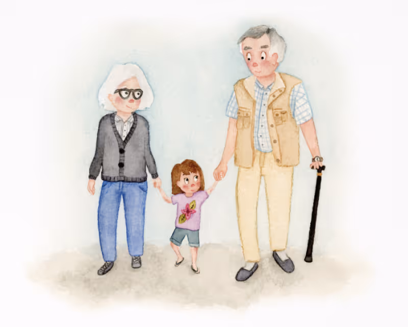 Aquarel illustratie van een oma, een jong meisje en een opa met een wandelstok, die samen hand in hand wandelen.