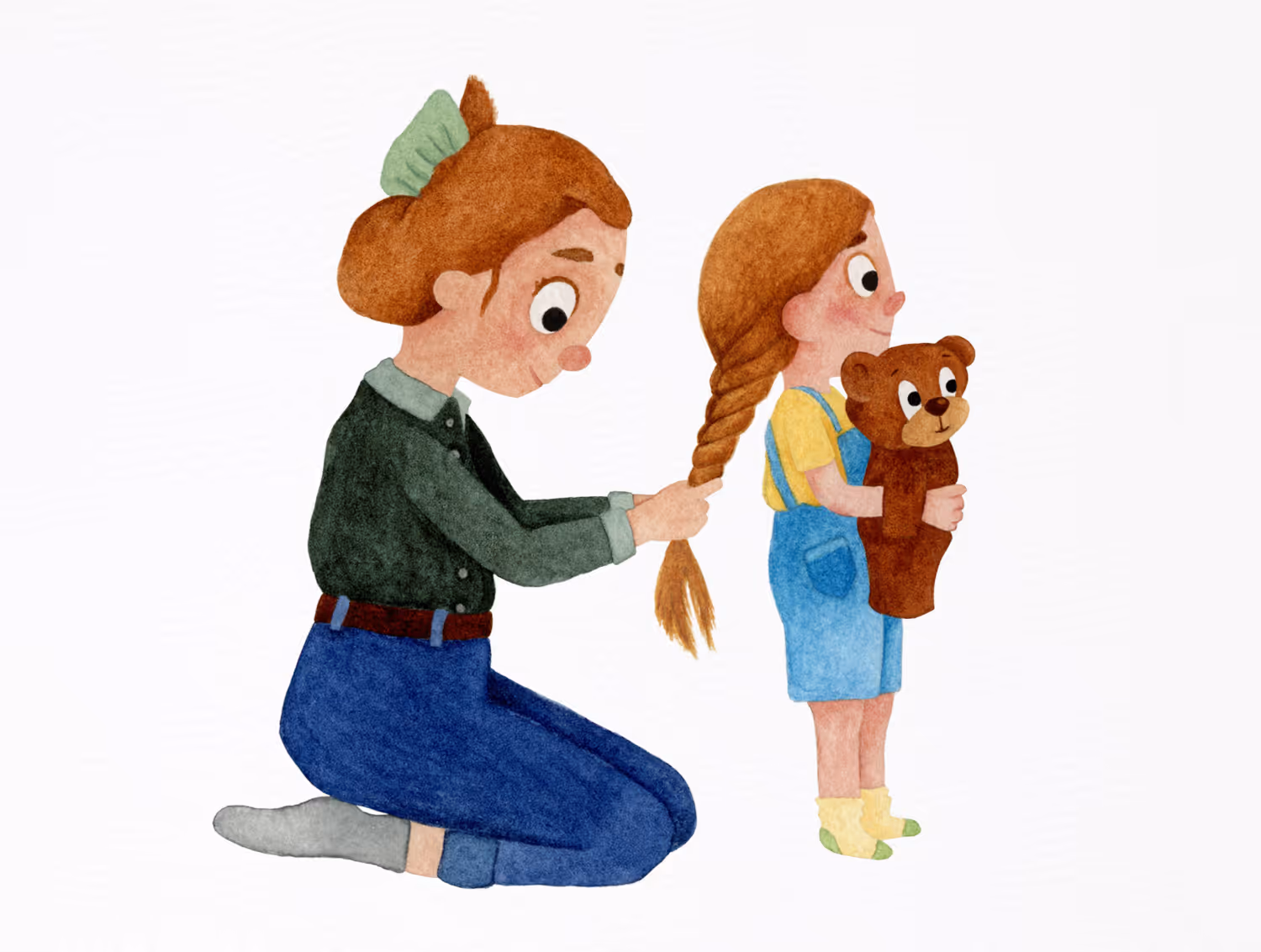 Aquarel illustratie van een vrouw die het haar van haar dochter vlecht. Het meisje houdt een teddybeer vast.