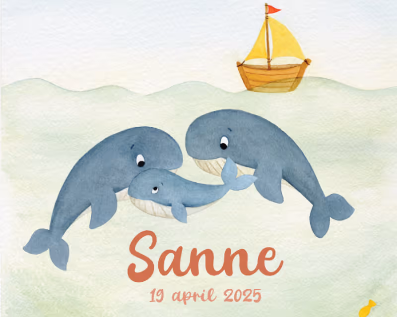 Aquarel illustratie voor een geboortekaartje. In zee zwemt een walvisfamilie met twee grote en een kleine walvis, daarboven vaart een zeilboot met gele zeilen.