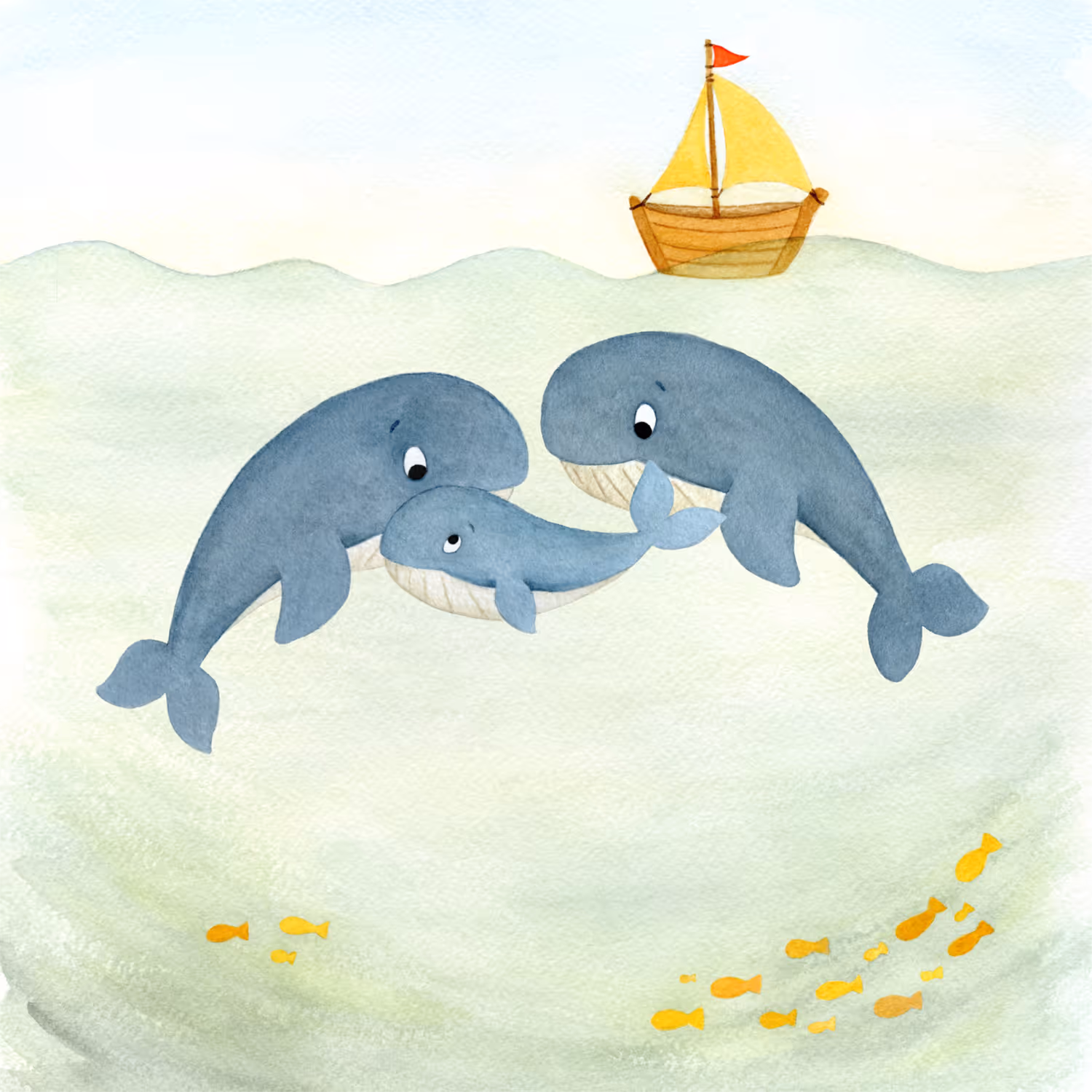 Aquarel illustratie voor een geboortekaartje. In zee zwemt een walvisfamilie met twee grote en een kleine walvis, daarboven vaart een zeilboot met gele zeilen.