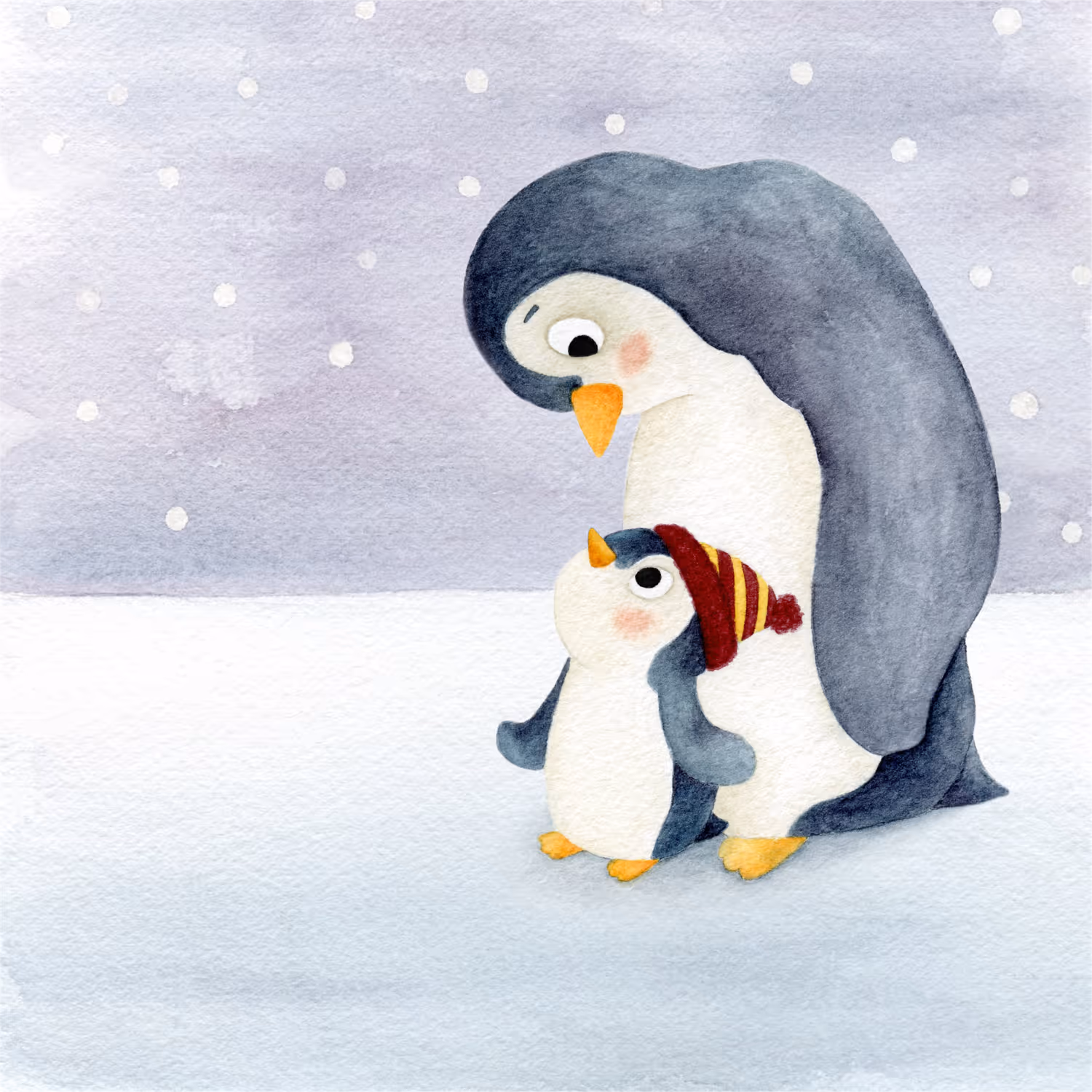 Aquarel illustratie voor een geboortekaartje. Een grote pinguïn kijkt liefdevol naar een kleine pinguïn. De kleine pinguïn draagt een rood met geel mutsje, terwijl er sneeuw valt.