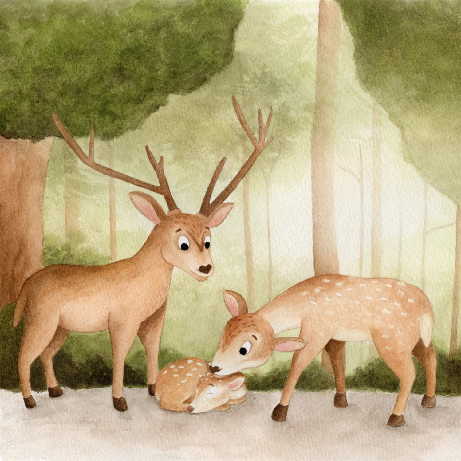 Aquarel illustratie voor een geboortekaartje. Een hert en hinde staan in een bos, voor hun ligt een slapend reekalfje.