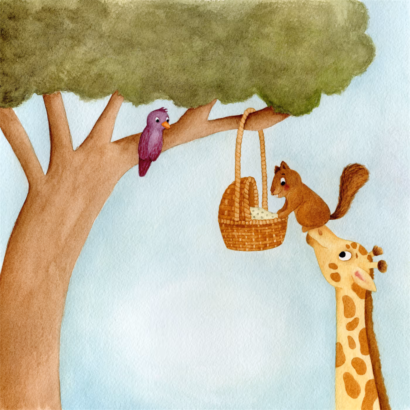 Aquarel illustratie voor een geboortekaartje. Aan een boom hangt een mandje, een eekhoorn staat op de neus van een giraffe om erin te kunnen kijken. Op een tak zit een paarse vogel.