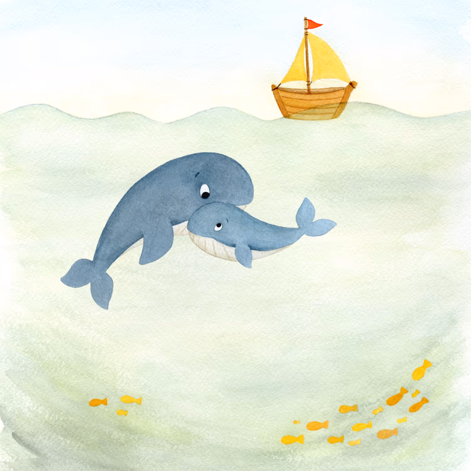 Aquarel illustratie voor een geboortekaartje. In zee zwemmen een grote en een kleine walvis, daarboven vaart een zeilboot met gele zeilen.