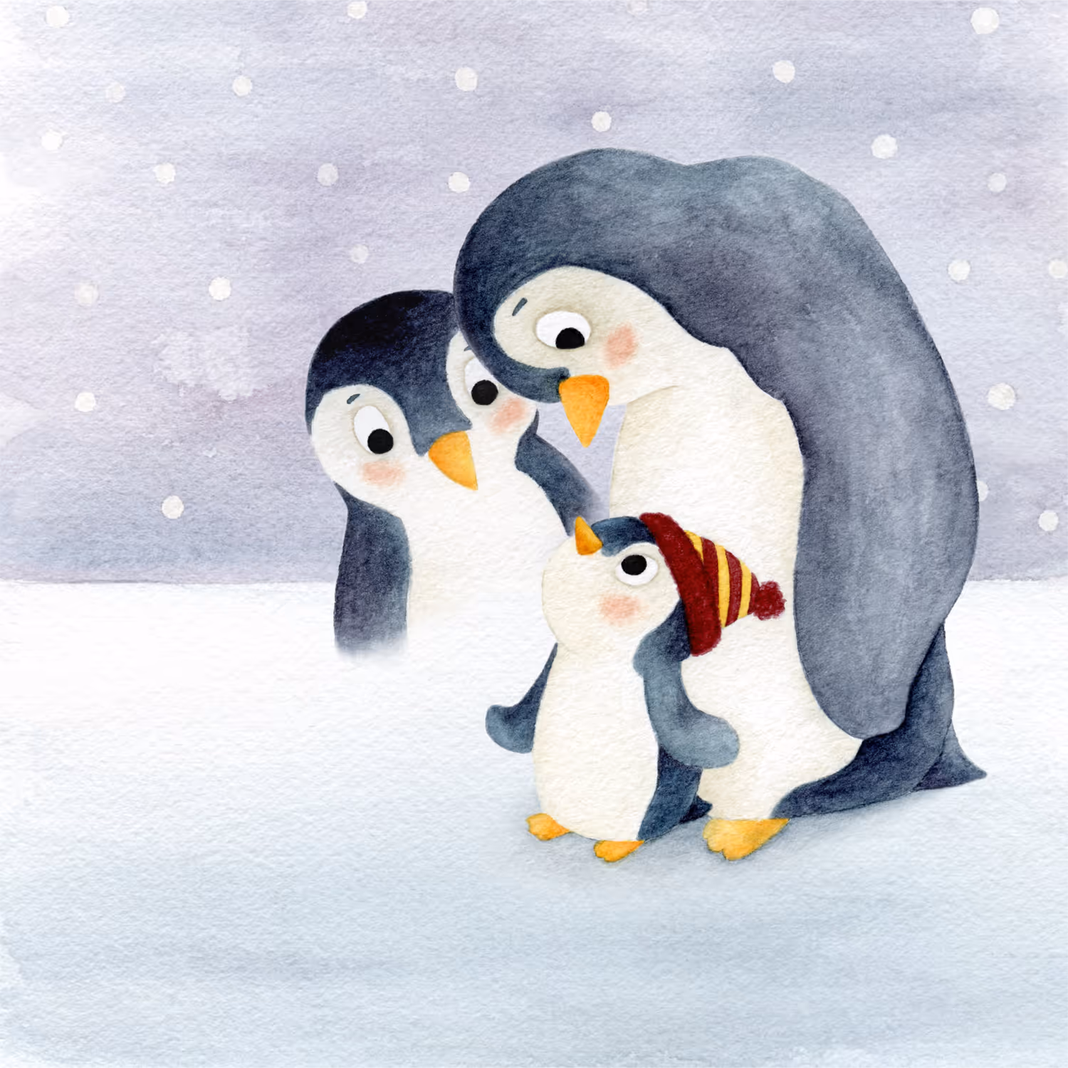 Aquarel illustratie voor een geboortekaartje. Twee pinguïns kijken liefdevol naar een kleine pinguïn. De kleine pinguïn draagt een rood met geel mutsje, terwijl er sneeuw valt.