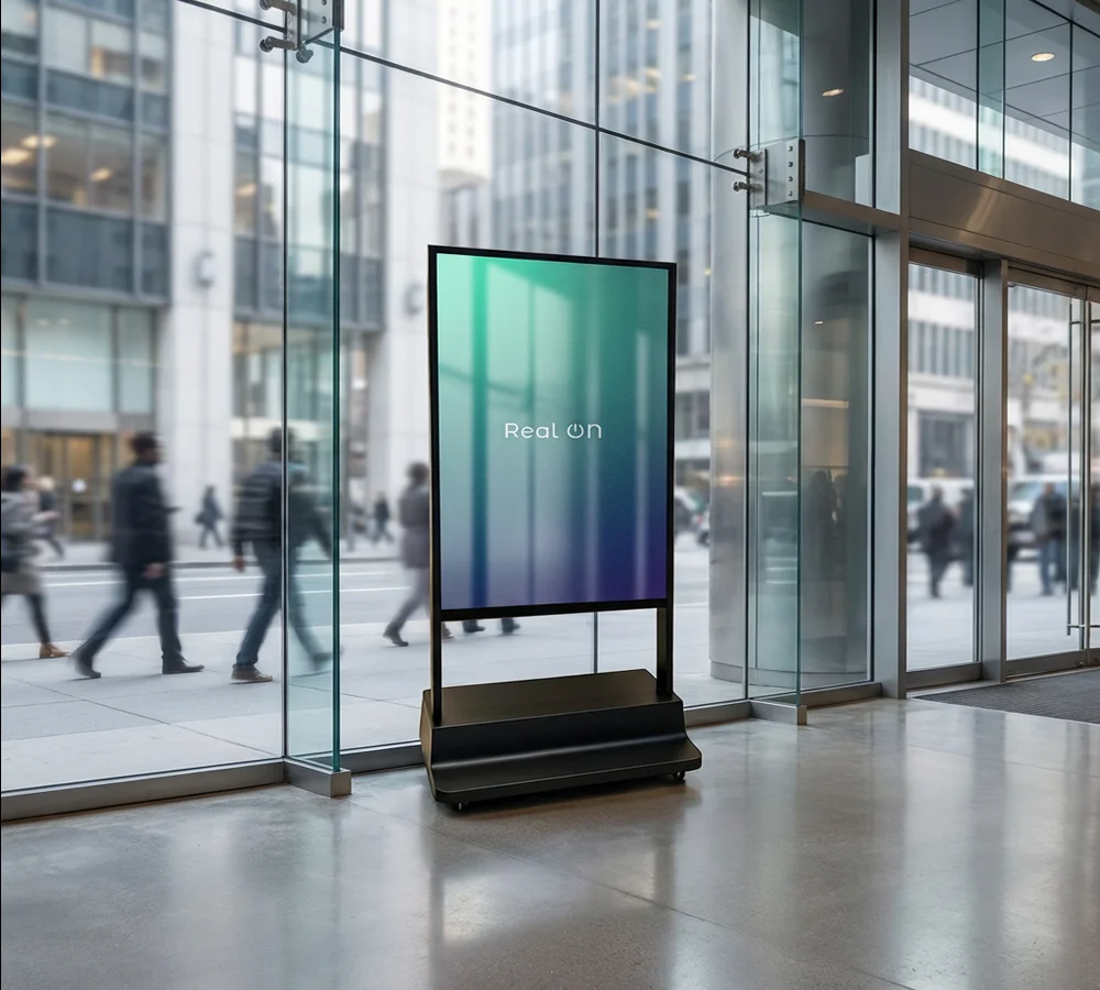 Wyświetlacz witrynowy dwustronny marki Real ON - digital signage i wyświetlacze reklamowe premium Warszawa