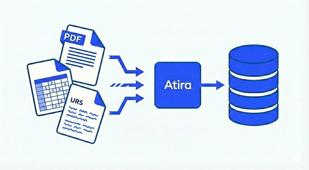 Diagram showing Atira AI ingesting and processing RFQ, URS, and PDF tender documents into a structured database.