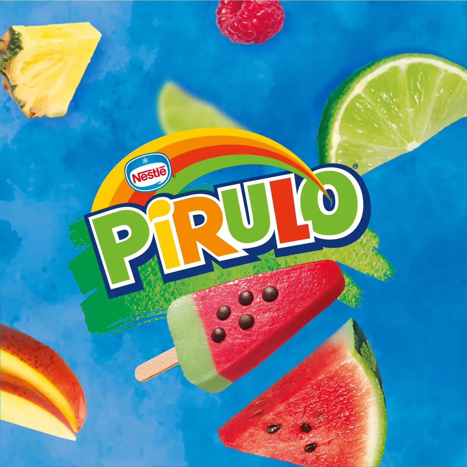 Nestlé Pirulo watermeloen-ijsje met pijpvruchten en limoen op een blauwe achtergrond.